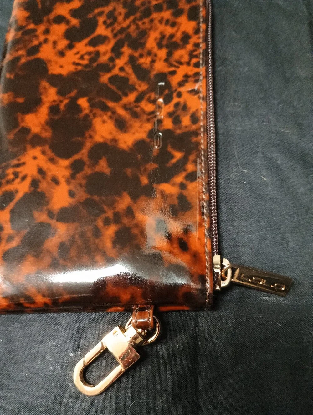 LOLO Tortoise Shell Patent Leather Makeup Pouch W/ Applique Gold Skull & Mirror